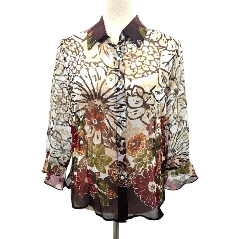 NICOLA Women's Sheer Floral Print Button Up Blouse Top‎ Size S